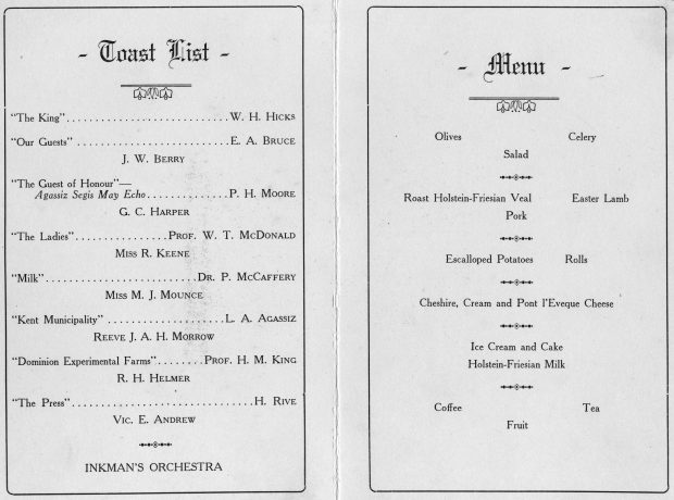 Black and white image of the toast list and menu for the Segis May Echo banquet.