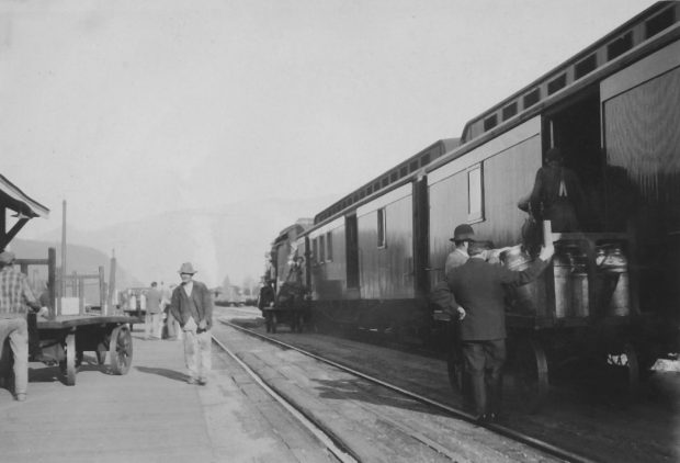 Black and white photograph of men loading milk cannisters onto a train.