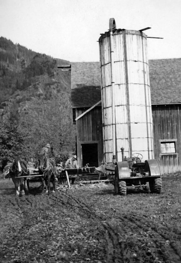 Black and white photograph of a barn, silo, team of horses and wagon, and a tractor.