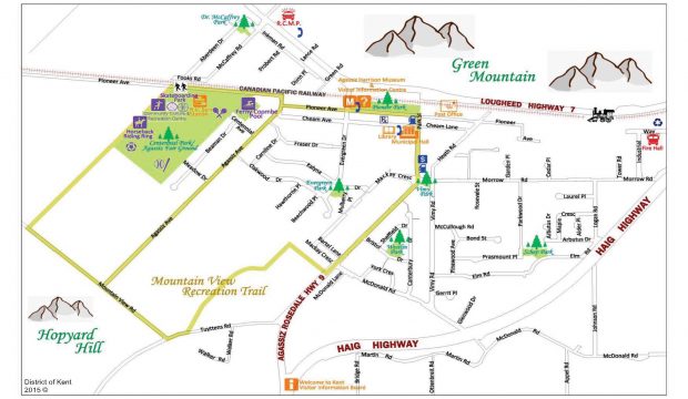 Colour image of the Agassiz town site. Map illustrates roads, parks, and surrounding mountains, 2015.