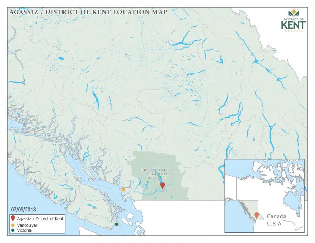 Colour image of Agassiz and the District of Kent. Overview map of the area in relation to Vancouver and Victoria in southern BC and the proximity of Agassiz to the Washington state border, 2018.