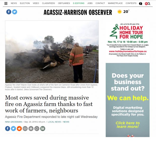 Colour image capture of digital newspaper story from The Agassiz-Harrison Observer about Agassiz dairy farm fire, September 20, 2018.