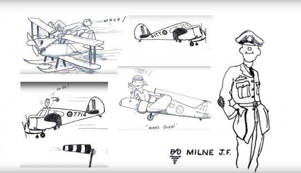 Pencil sketches of air planes and a military man on a white background