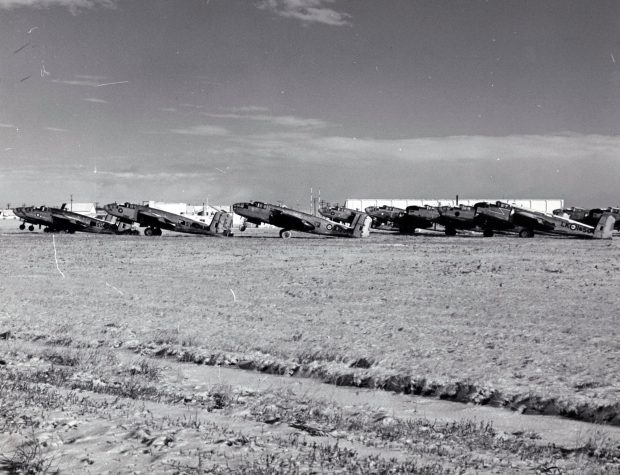 ten planes parked on a runway