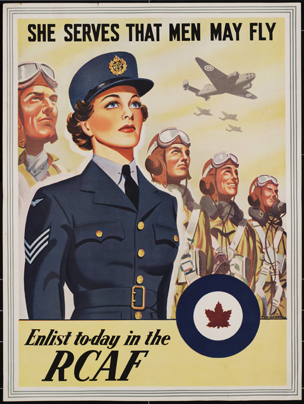 Illustrated RCAF Poster 1 woman, 3 men in air force gear