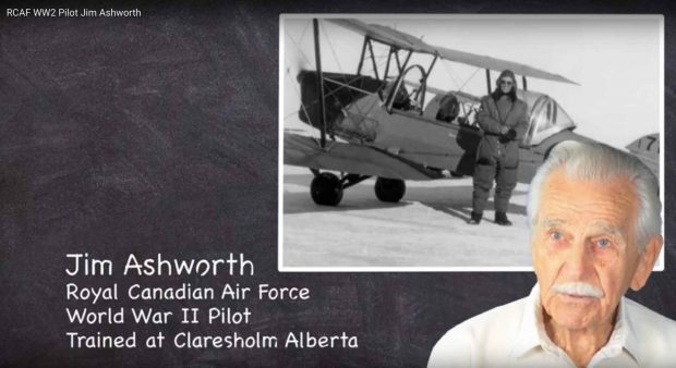 Senior man foreground, black and white photo of young pilot with plane in background