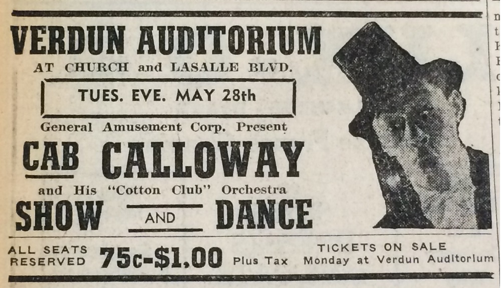 Black-and-white photo of a show’ advertisement. The details of the show and the face of the main performer are featured on the ad.