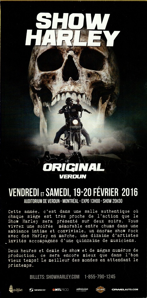 Colour advertisement featuring a man on a motorcycle coming out of the mouth of a human skull. The top of the advertisement is marked "Show Harley" and on the bottom are the date and location of the event.