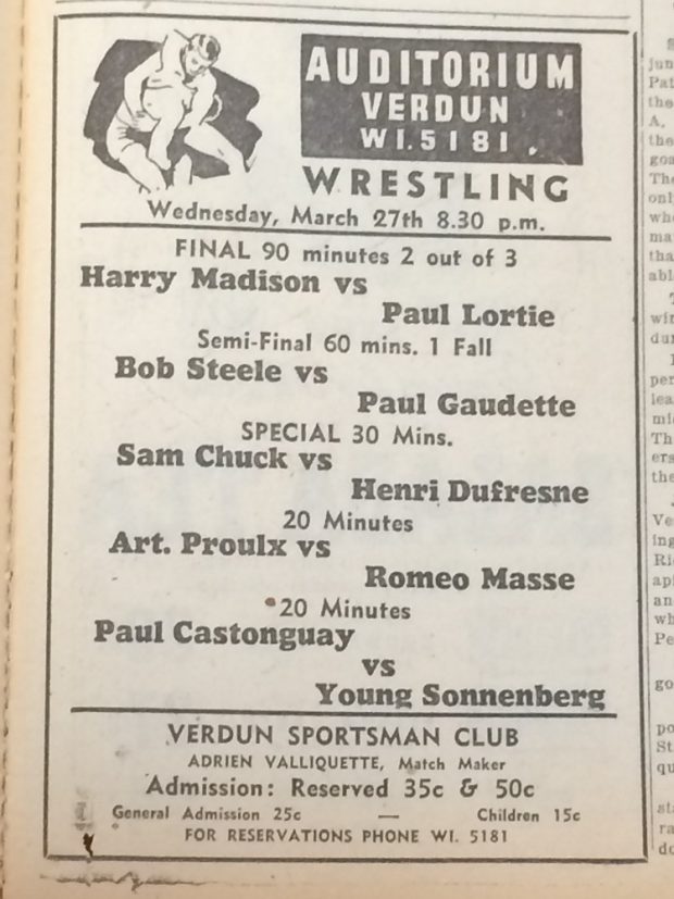 Advertisement in a newspaper, listing wrestling matches presented at the Verdun Auditorium on Wednesday, March 27, 1940, at 8:30 p.m., along with the wrestlers' names, the wrestling time, the location and the admission charge.