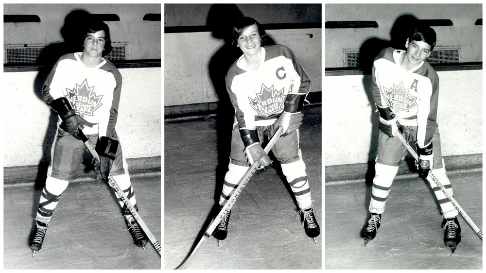 Black-and-white photomontage showing three young boys wearing the same hockey uniform and holding a hockey stick. One of the boys is wearing the letter C on his sweater, while another sports the letter A.