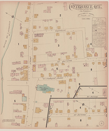 The map shows the town of Contrecœur, as drawn in 1896 by Charles Edward Goad. To the left, we see the St. Lawrence River. In blue, in the middle of the map, is the Sainte-Trinité church. Rectangles identify houses and buildings scattered around Front, St-Antoine, St-François Xavier and Nouvelle Streets.
