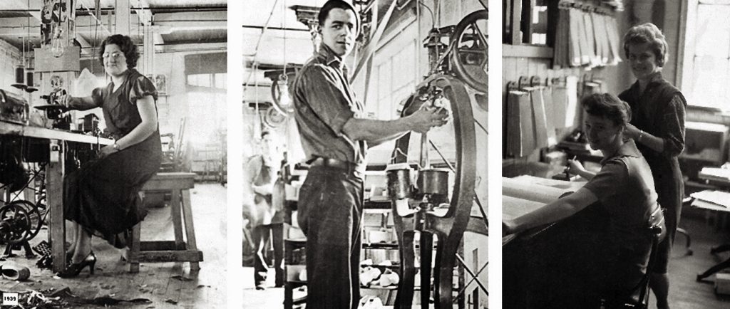 In this three-picture mosaic, the left photograph shows a labourer at work on a sewing machine in 1939. In the middle, a young man attends a machine in the assembly department. To the right, we see two office employees. One of them, Miss Gloria Franck, is sitting while the other one, Mrs. Lise Berthiaume, stands behind her colleague.