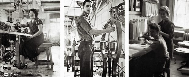 In this three-picture mosaic, the left photograph shows a labourer at work on a sewing machine in 1939. In the middle, a young man attends a machine in the assembly department. To the right, we see two office employees. One of them, Miss Gloria Franck, is sitting while the other one, Mrs. Lise Berthiaume, stands behind her colleague.