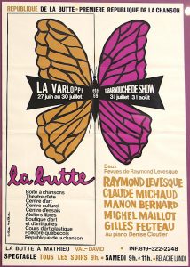 Poster of the two reviews of La Butte in 1969. The image presented on the poster is a butterfly with a brown wing and a purple wing.
