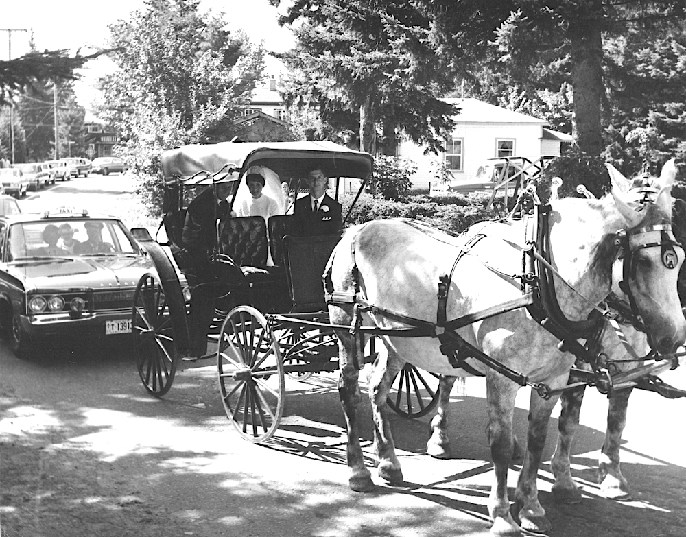 Black and white photo of a woman and a man in a horse-drawn carriage at a wedding at La Butte.