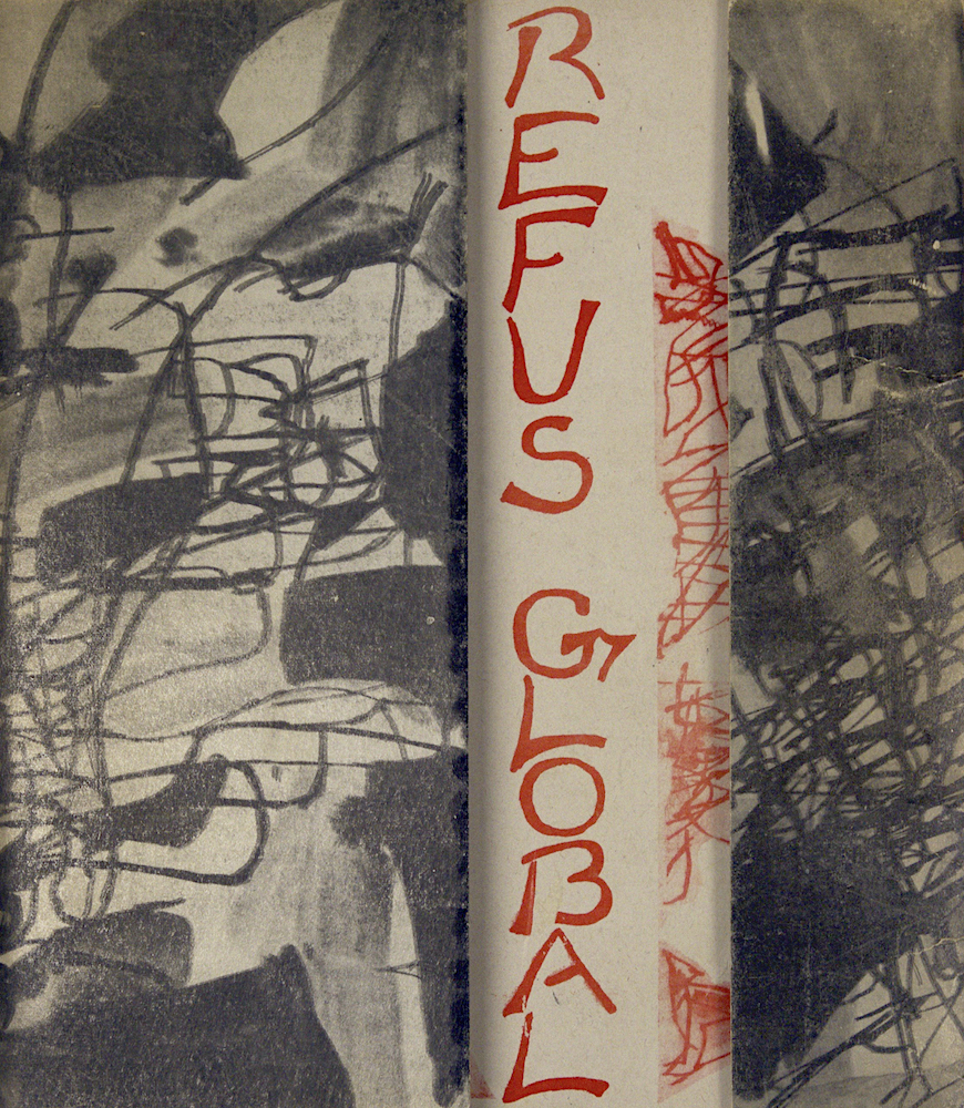 Cover page of the manifesto entitled Refus global presenting a graphic work on which one can read the title written by hand.