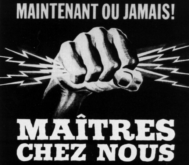 Black and white poster from the Liberal Party of Quebec in 1962 showing a fist holding flashes of light representing electrical force.