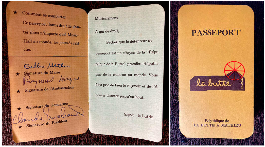 Colour photos of La Butte passport signed by Gilles Mathieu and Claude Michaud. The cover is yellow-orange and green inside.