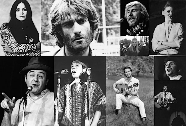 Collage of black and white photographs of 10 artists who performed at La Butte: Renée Claude, Plume Latraverse, Tex Lecor, France Gall, Clémence Desrochers, Raymond Lévesque, Louise Forestier, Raoul Roy, Marcel Mouloudji and Willie Lamothe.