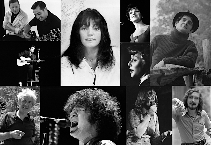 Collage of black and white photographs of 10 artists who performed at La Butte: Les Jérolas (Jean Lapointe and Jérôme Lemay), Jean-Guy Moreau, Emmanuelle, Monique Leyrac, Monique Miville-Deschênes, Georges Dor, Félix Leclerc, Robert Charlebois, Diane Dufresne and Jacques Michel.