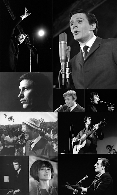 Collage of black and white photographs of 10 artists who performed at La Butte: Pierre Létourneau, Claude Léveillée, Jean-Pierre Ferland, Ricet Barrier, Yvon Deschamps, Hervé Brousseau, Claude Gauthier, Stéphane Venne, Pauline Julien and Gilles Vigneault.