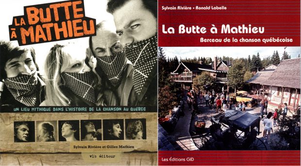 Montage of colour photographs of the covers of published documents on the history of La Butte à Mathieu. illustrated by a photograph.