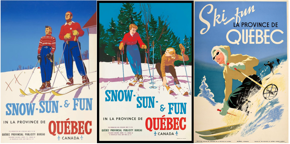 Group of three posters showing skiers drawn in gleaming colours on white snow in various poses.