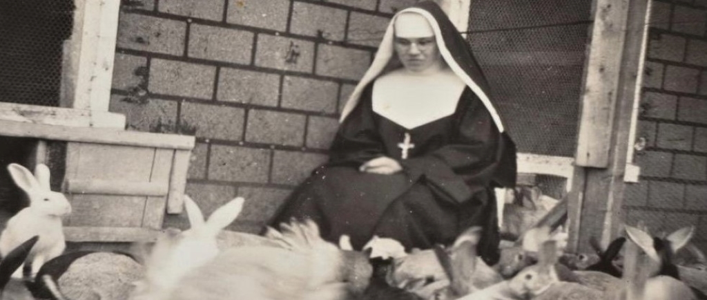 Black and white photo of a nun with rabbits.