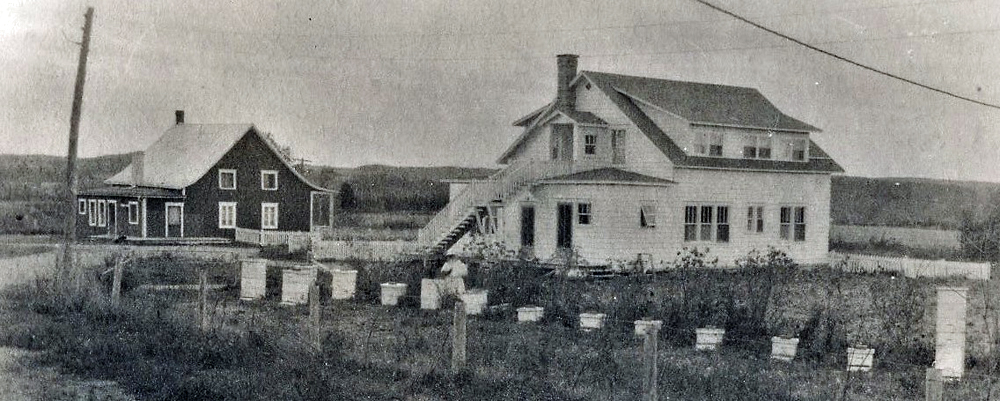 Photo en noir et blanc de deux maisons de campagne.
