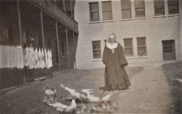 Photo of a nun walking in a yard with ducks and ducklings.