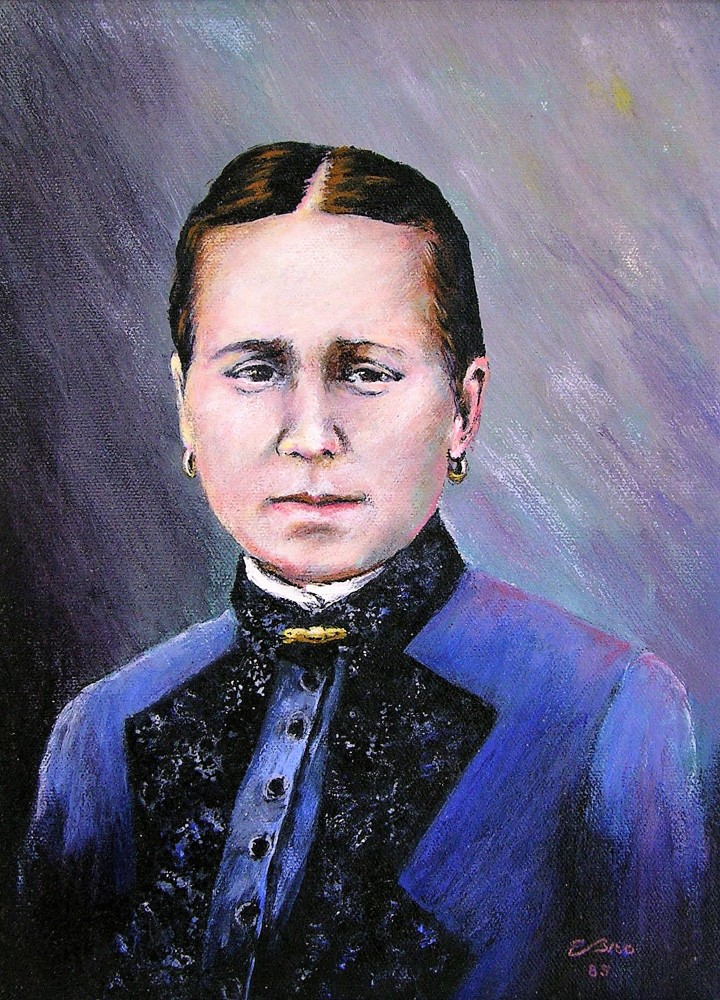 Painting of a woman dressed in blue. Her hair is parted in the middle.