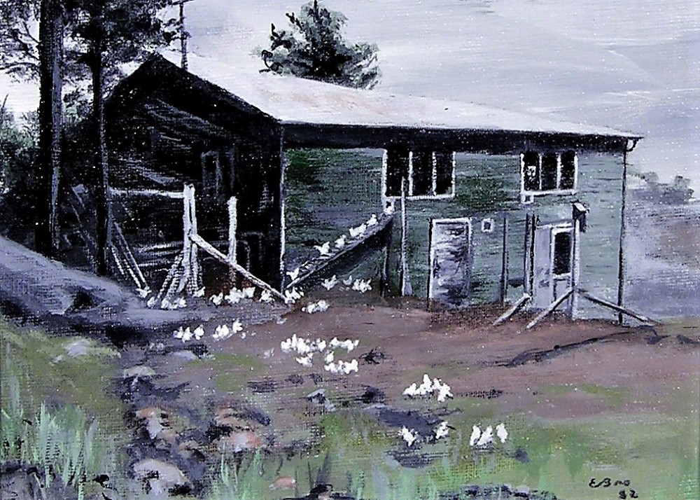 Painting of a two-storey wood building surrounded by hens.
