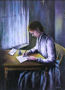 Painting of a young woman sitting at a table writing a letter with a fountain pen.