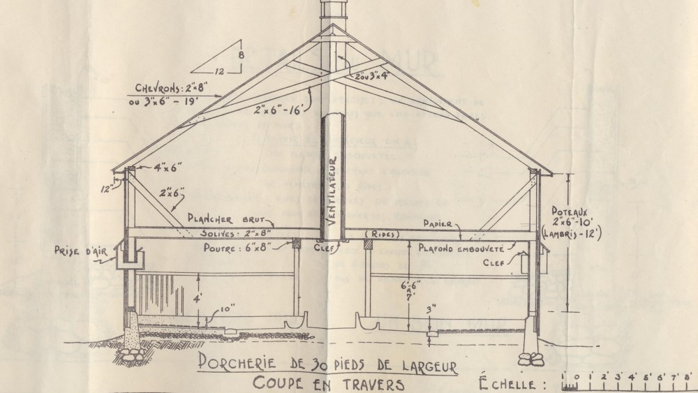 Outline of a building, cross-sectioned. Measurements are in inches.