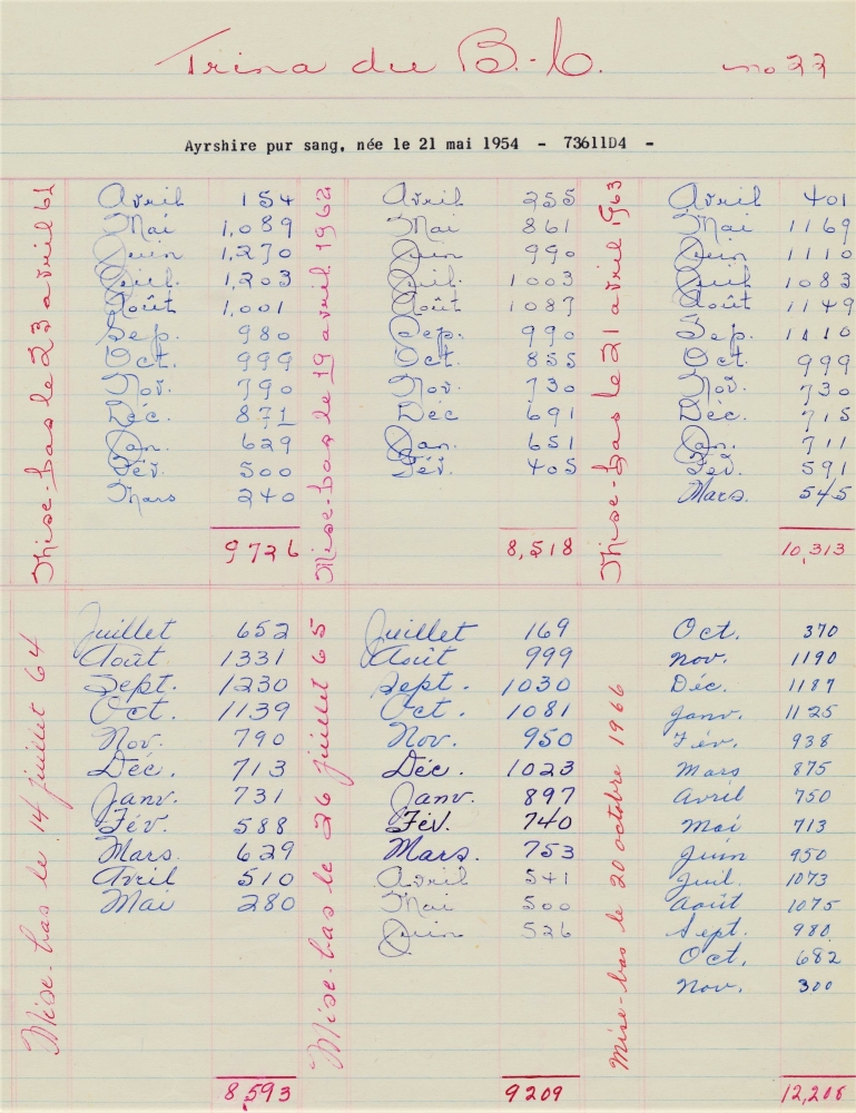 Ink-pen written document with months and numbers in rows.
