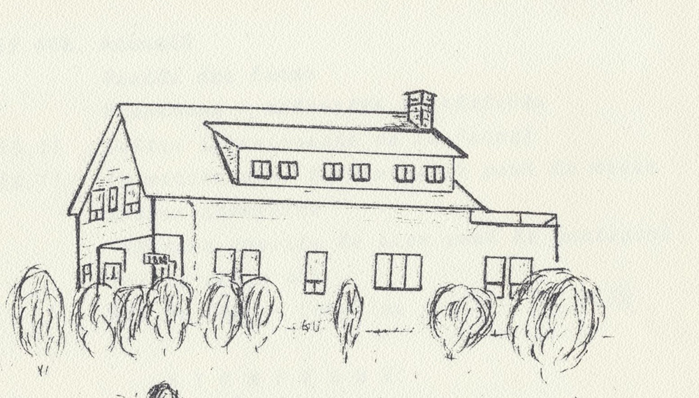 Black pencil drawing of a house on white background.