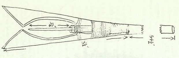 Black and white drawing of the tip of a nigogue, a type of harpoon used to spear salmon and eel in shallow water.