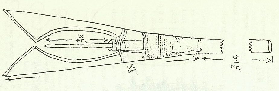 Black and white drawing of the tip of a nigogue, a type of harpoon used to spear salmon and eel in shallow water.