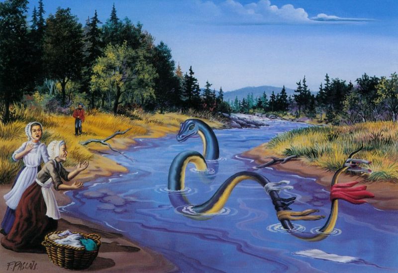 Painting of two women on the bank of a winding river. They are surprized to see a large sea serpent swimming in the water as they do their washing. A hunter in the background watches the scene, which dates from the 1800s.