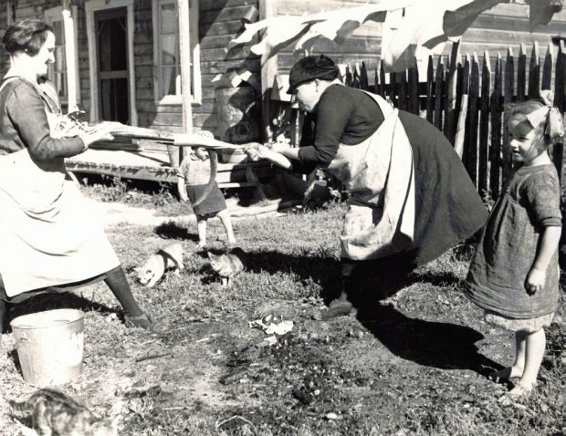 In front of an old house, a woman holds an eel by the head while another woman removes the skin by pulling on it. Two young girls watch the women as they work, while three cats hover nearby. Black and white photograph.