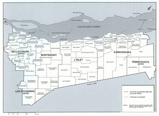 Map of the Côte-du-Sud showing its counties and main towns and villages.