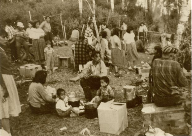 Sepia-toned photo, several Aboriginal families are gathered to share a meal in the great outdoors