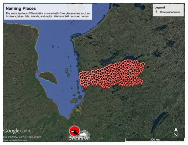 Satellite image showing markers for names places on the land. These are Cree place names and there are 944 of them.