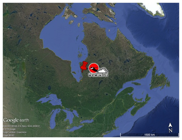 Satellite image of northern Canada showing the location of Cree Nation of Wemindji