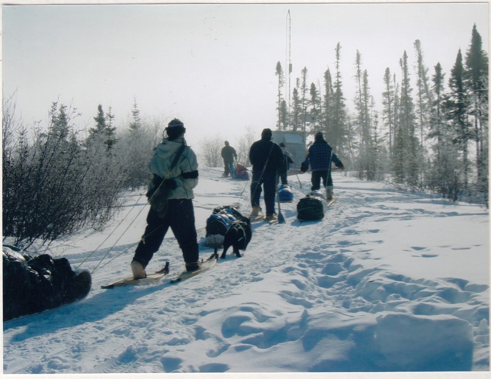 Five people walking on winter trail wearing snowshoes and pulling toboggans