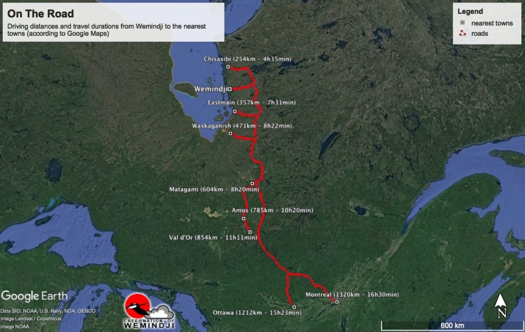 Carte montrant les distances entre Wemindji et Montréal et autres villes le long du chemin.