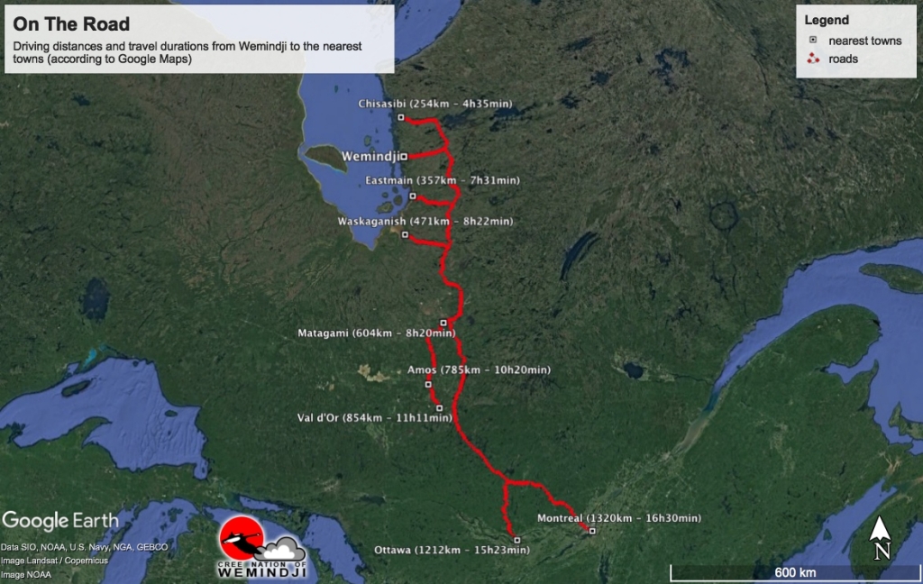 Satellite image of Quebec showing road and names of towns.