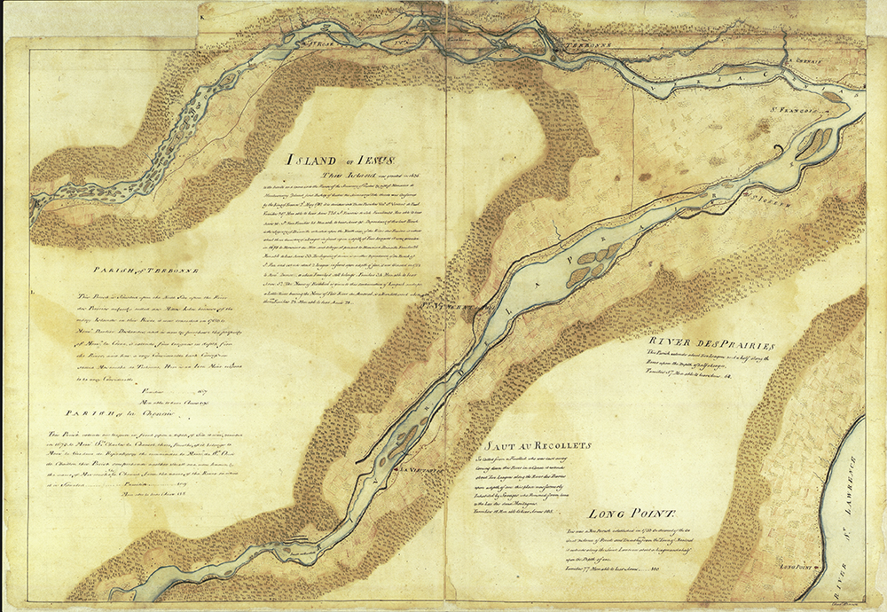 Carte d’époque aux teintes de jaune et brun représentant la moitié est de l’île Jésus et de Montréal. On y retrouve un recensement pour l’île Jésus et les paroisses de Terrebonne, Lachenaie, Saut-au-Récollet et Longue-Pointe.