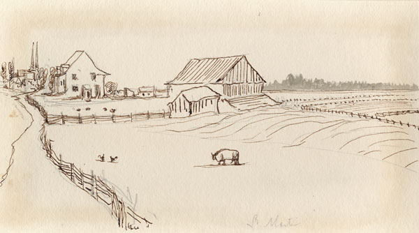 Vintage ink drawing of an agricultural landscape. In the foreground, there is a large fenced-off field with farm animals. In the background, a barn, a house and, in the distance, a factory can be seen.