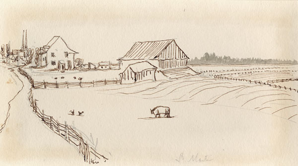 Dessin d’époque à l’encre représentant un paysage agricole. À l’avant-plan, un grand enclos avec des animaux de ferme. En arrière, une grange et une maison, et à l’horizon, une manufacture.